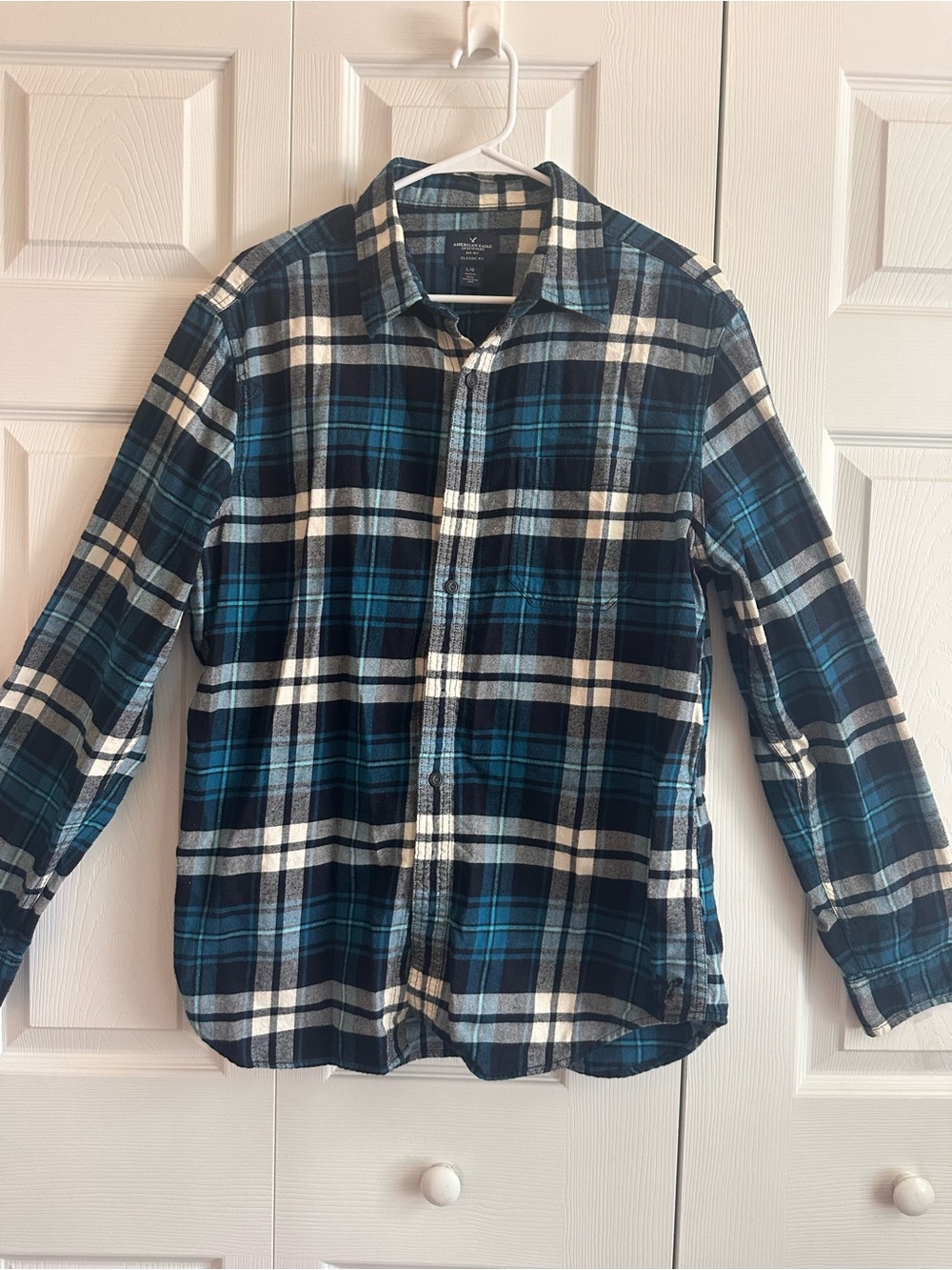 American Eagle Outfitters Teal, Navy & White Plaid Flannel Shirt